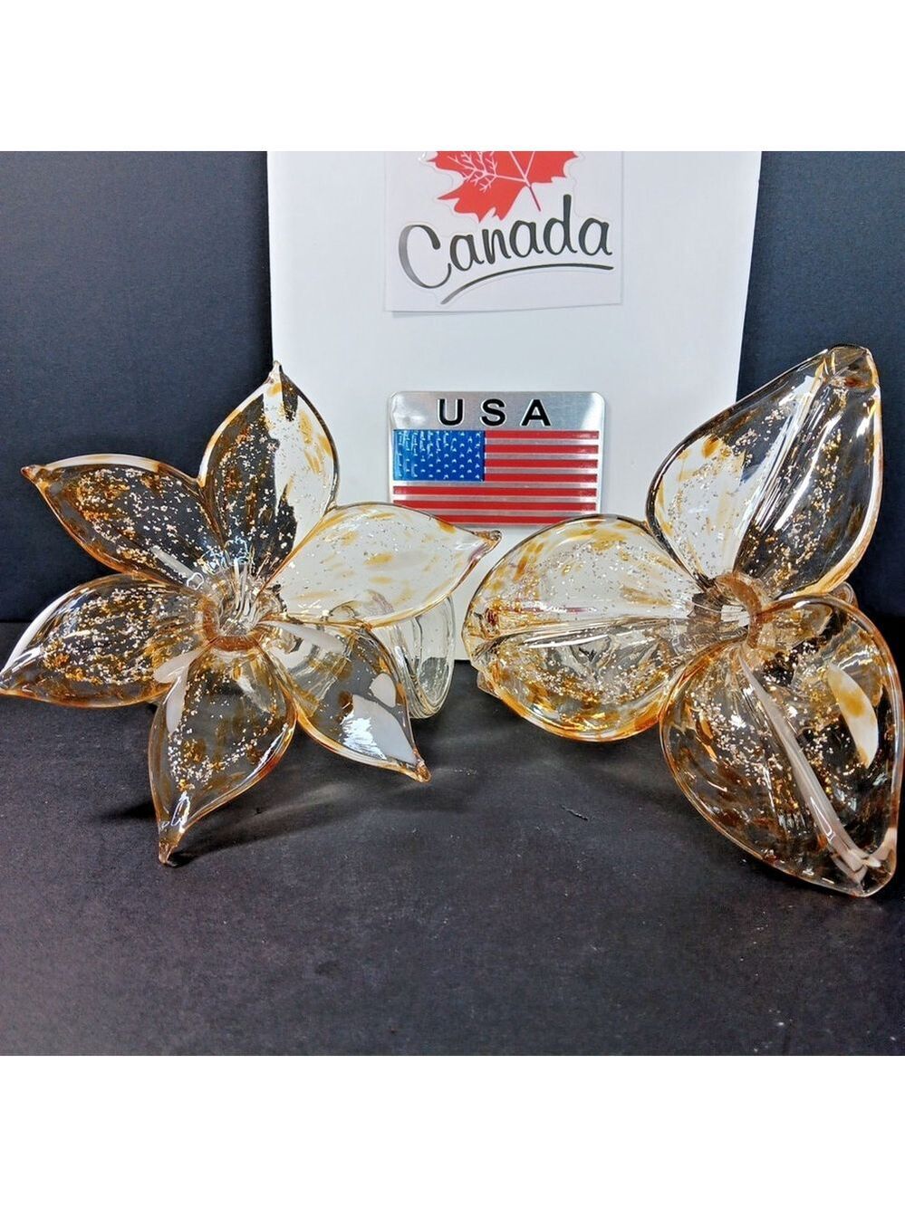 Set Of 2 Murano Style Art Blown Glass Flower Twisted Stem Decor Gold White WOW!